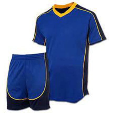 Blue soccer uniform with yellow trim and matching shorts