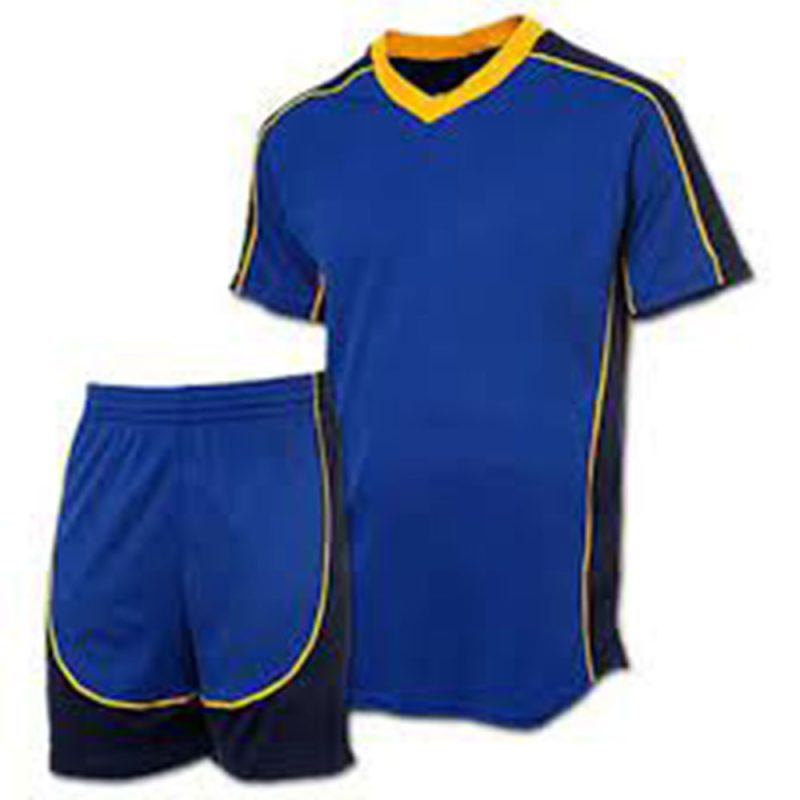 Blue soccer uniform with yellow trim and matching shorts