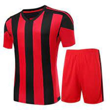Red and black striped soccer uniform with jersey and shorts