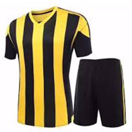 Yellow and black striped soccer uniform with jersey and shorts