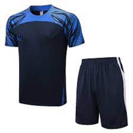 Navy blue sublimated soccer uniform set with blue graphic shoulders