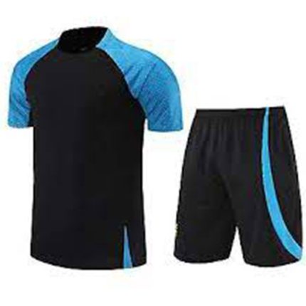 Black and turquoise soccer uniform set with jersey and shorts