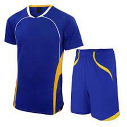 Blue and yellow sports uniform set with t-shirt and shorts
