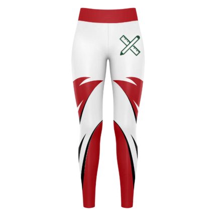 Red and white sports leggings with bold cross design