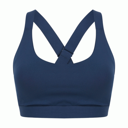 Navy blue sports bra with wide cross-back straps