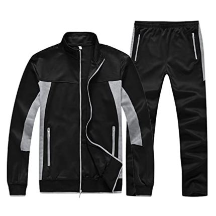 Black men’s tracksuit with full-zip jacket and gray sleeve accents