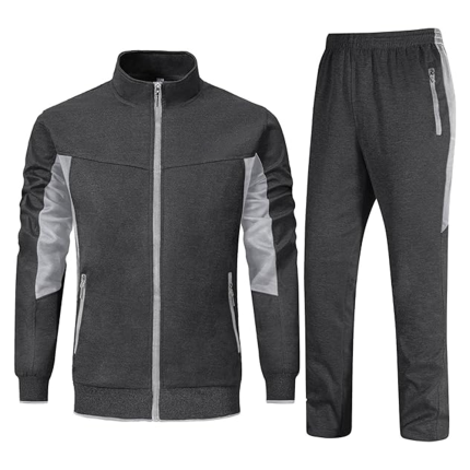 Gray athletic tracksuit with silver sleeve panels and matching pants