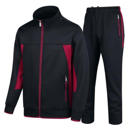 Men’s black tracksuit with red side panels and full-zip athletic jacket