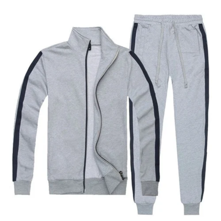 Men’s grey tracksuit with full-zip jacket and matching joggers.