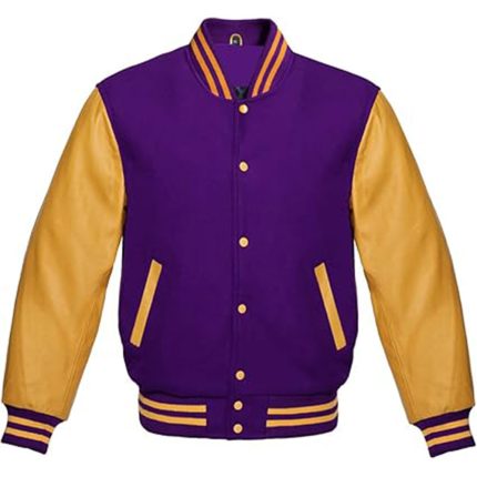 Purple and yellow varsity jacket with athletic style