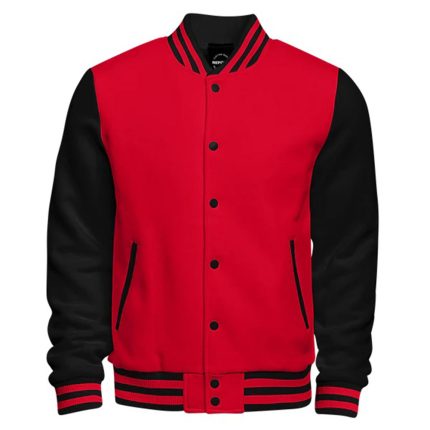 Red and black varsity jacket with sporty design