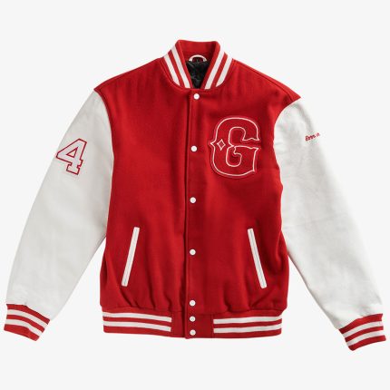Red and white varsity jacket with a letter 'C' logo and embroidered details