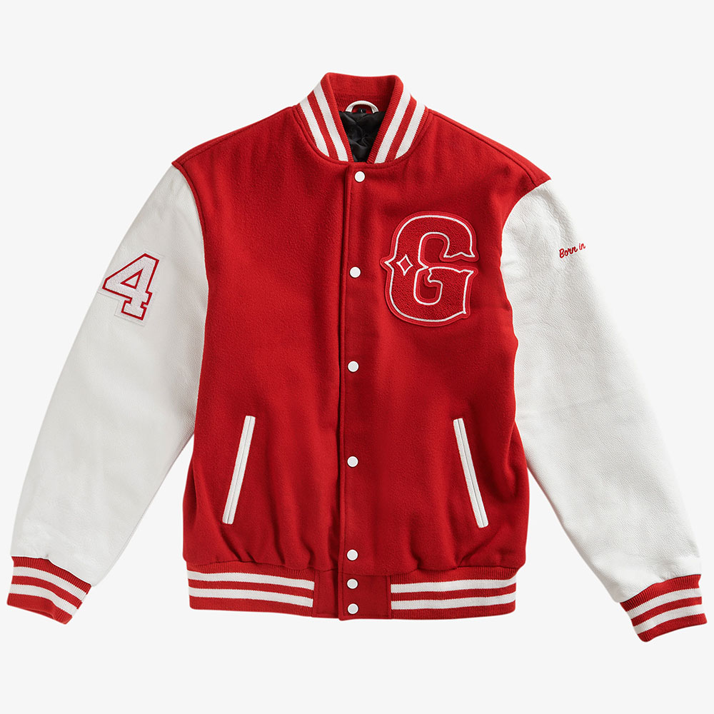 ZGS-VTJ-004 Red and white varsity jacket with a letter 'C' logo and embroidered details