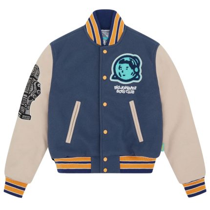 Blue and beige varsity jacket with patches and embroidery.
