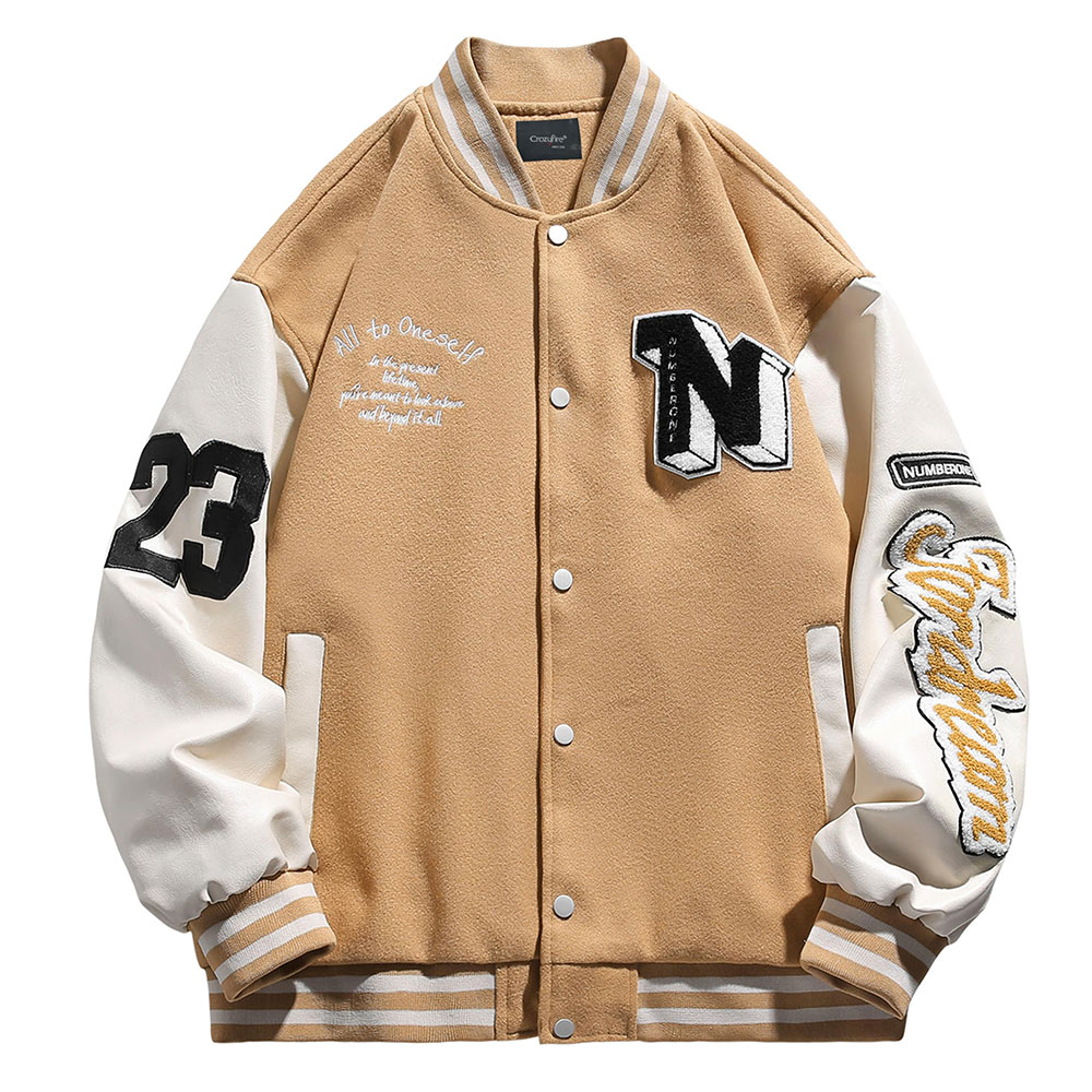ZGS-VTJ-007 Beige and white varsity jacket with embroidered graphics and letter N patch