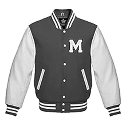 Black and white varsity jacket with letter M patch