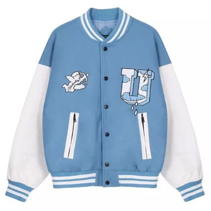 Light blue and white varsity jacket with embroidered patches