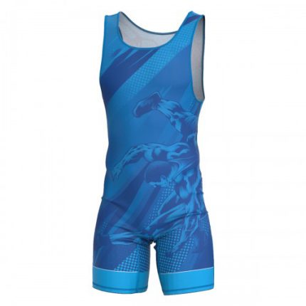 Blue wrestling singlet with sleek design and dynamic pattern