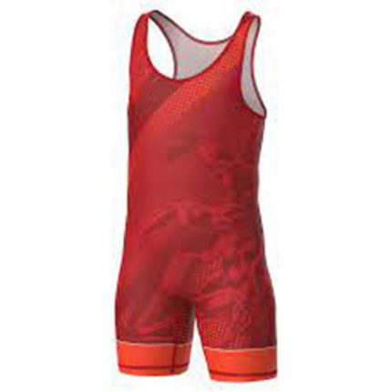Red wrestling singlet with dynamic graphic design and sleeveless cut