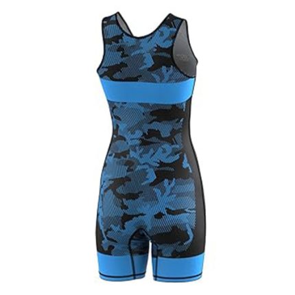 Blue camo wrestling singlet with form-fitting design and sleeveless cut
