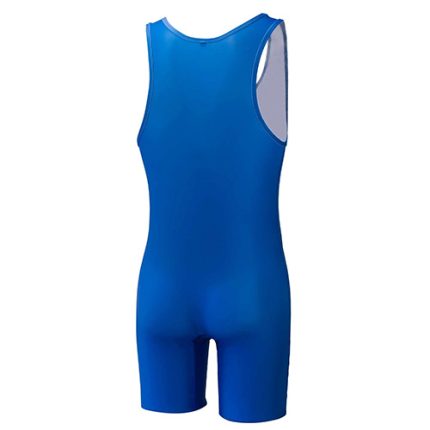 Blue athletic one-piece bodysuit with sleeveless design